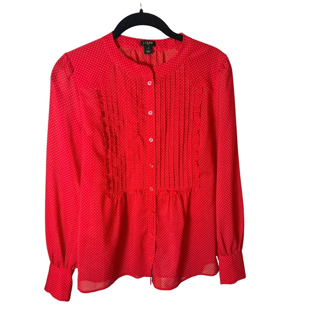 J. Crew Polka Dot Blouse Womens‎ 0 Red Excellent Pintuck Band Collar Long Sleeve